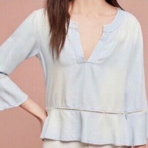 CHELSEA & VIOLET Women’s Blue Chambray Lyocell Peplum Top Bell Sleeves